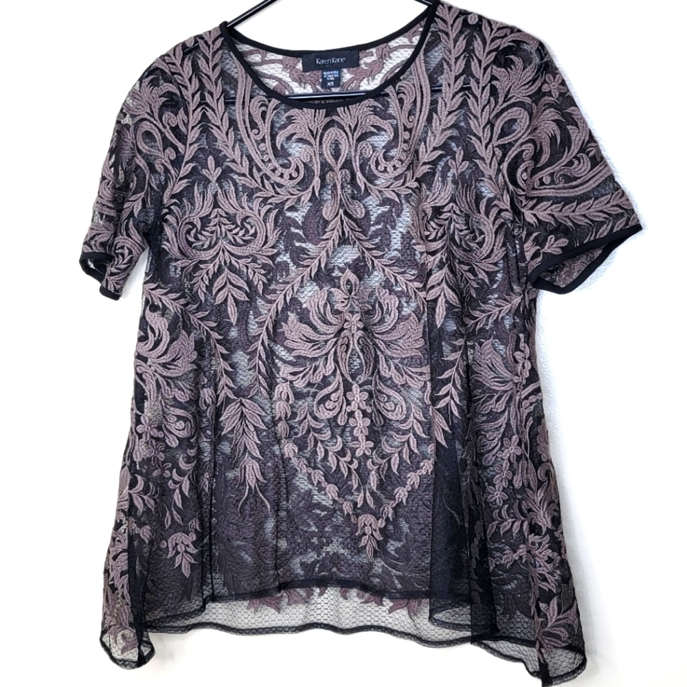 Karen Kane Embroidered Flare Hem Top Black Lace Size XS